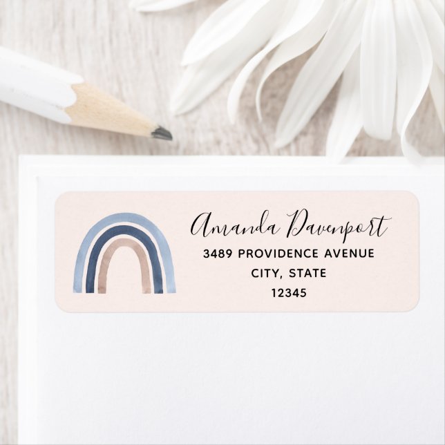 Étiquette Blue and Peach Rainbow Boho Design Address (En situation)