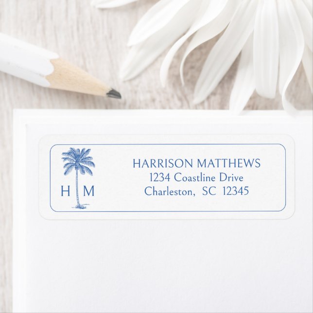 Étiquette Blue and White Coastal Palmetto Palm Monogram (En situation)