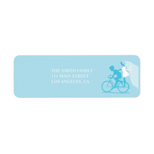 Étiquette Blue Bicycle Couple Mariage Adresse de retour (Devant)