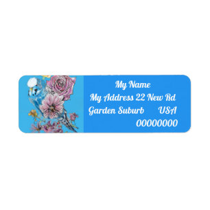 Étiquette Blue Budgie Rose floral Art Retourner l'adresse Ét