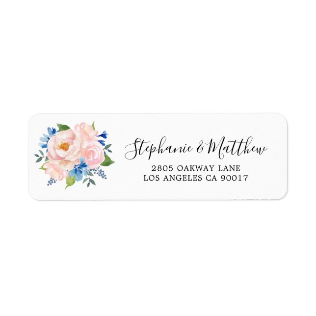 Étiquette Blue Bush Aquarelle rose Mariage Floral (Devant)
