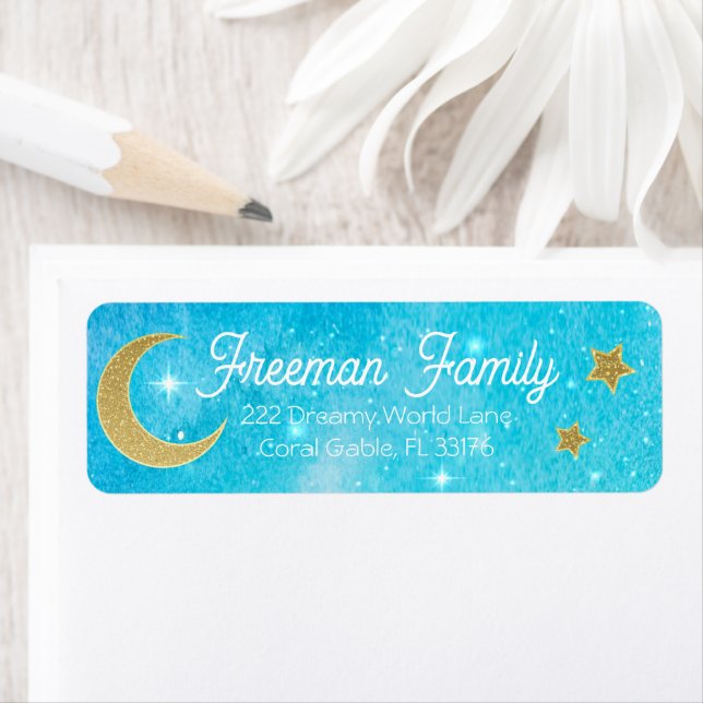 Étiquette Blue Celestial Moon and Stars Baby shower Adresse (En situation)