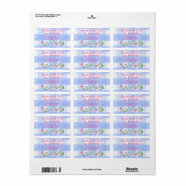 Étiquette Blue Check Gingham Flowers MADE WITH LOVE H (Feuille entière)