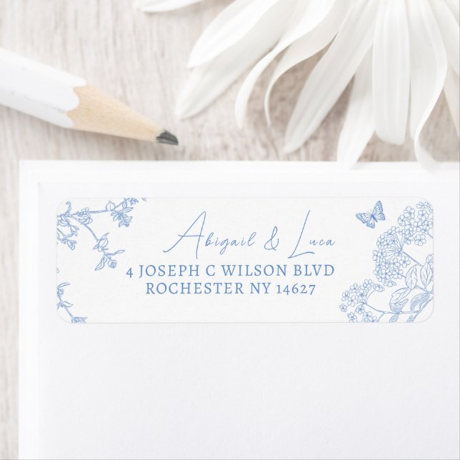 Étiquette Blue Chinoiserie Toile de Jouy Adresse Mariage (En situation)