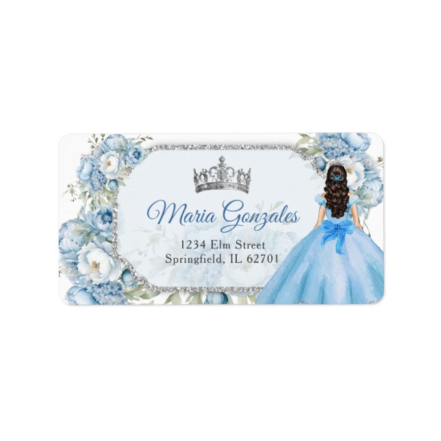 Étiquette Blue Floral Argent Couronne Quinceañera Adresse (Devant)