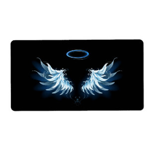 Étiquette Blue Glowing Angel Wings on black background