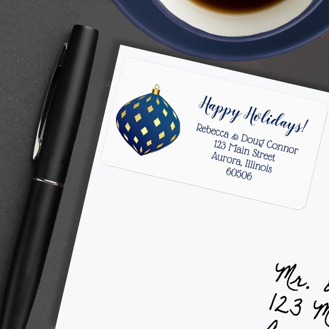 Étiquette Blue Gold Christmas Orament Holiday Adresse (Blue and gold Christmas ornaments holiday return address labels)