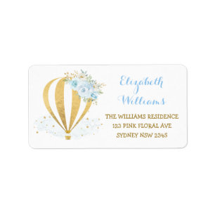 Étiquette Blue Gold Floral Hot Air Balloon Adresse de retour