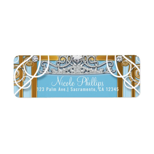 Étiquette Blue Gold Princess Crown & Carriage Sweet 16 Party (Devant)
