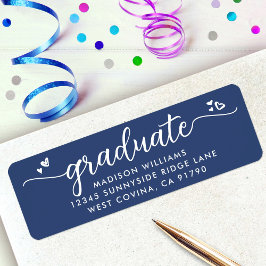 Étiquette Blue Graduation Script Coeurs Bold Modern Address