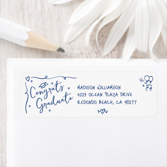 Étiquette Blue Hand Drawn Doodle Graduation White Address (En situation)