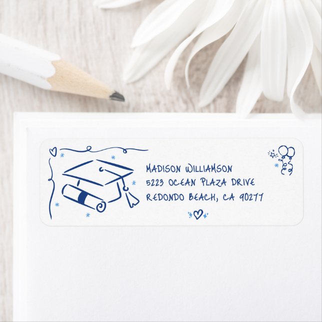 Étiquette Blue Hand Drawn Doodles Graduate Cap White Address (En situation)