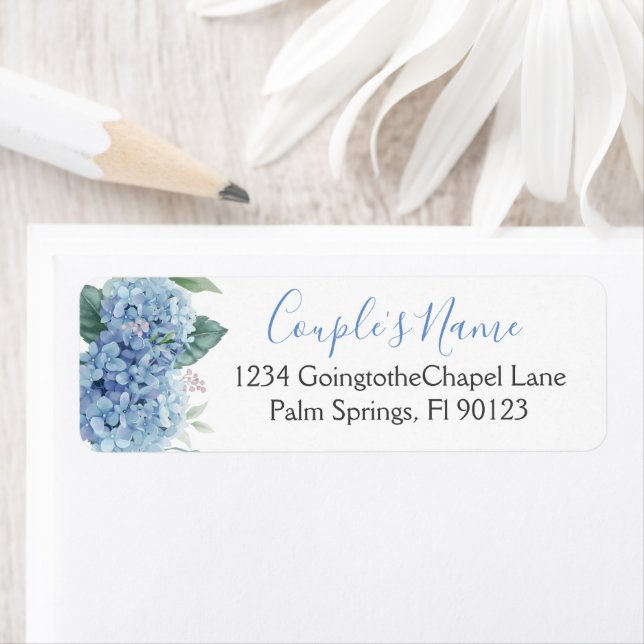 Étiquette Blue Hydrangeas aquarelle Floral Mariage (En situation)
