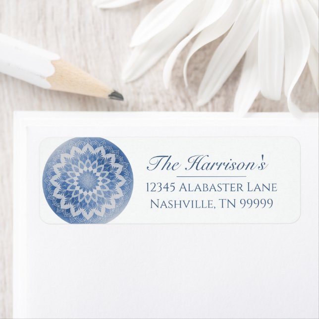 Étiquette Blue Lace Mandala Wedding Address (En situation)