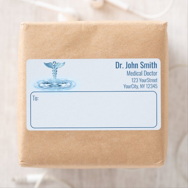 Étiquette Blue Médicale Hermes Rod Caduceus Eau Ondes (En situation)