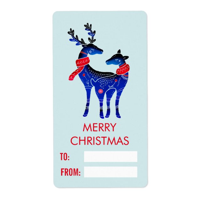 Étiquette Blue Nordic Christmas Reindeer Pair (Devant)