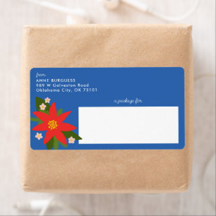Étiquette Blue Poinsettia Christmas Holiday Shipping Label