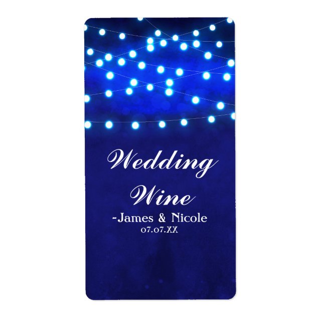 Étiquette Blue String Lights Rustic Wedding Party Vin Étique (Devant)
