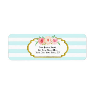 Étiquette Blue Stripes Gold Rose Floral Adresse de retour La