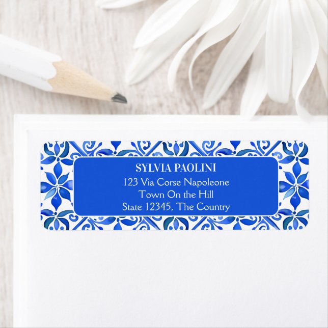 Étiquette Blue Talavera Espagne tuiles mariage adresse (En situation)