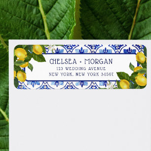 Étiquette Blue Tiles Lemon Couple Mediterranean Wedding