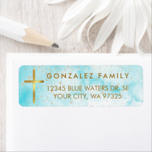 Étiquette Blue Watercolor Faux Gold Foil Cross Adresse