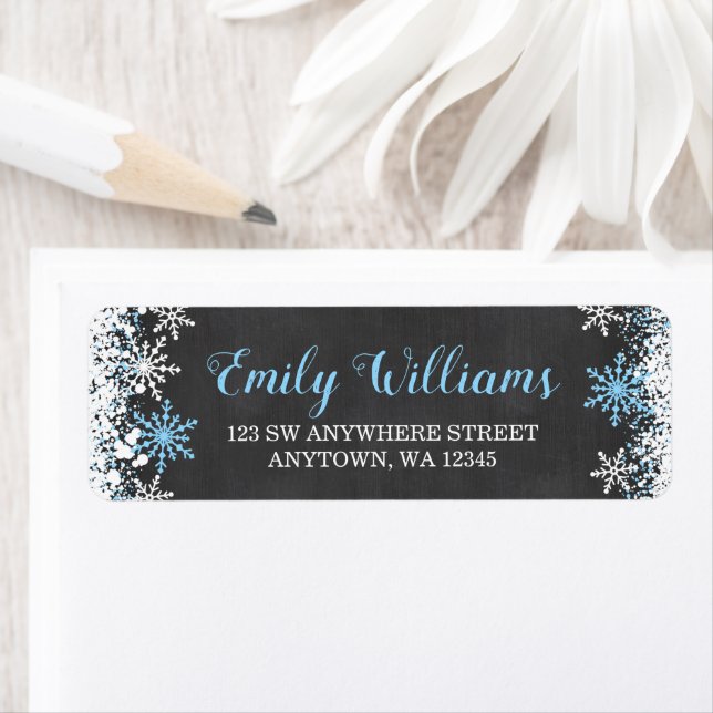 Étiquette Blue White Chalkboard Snowflacon Adresse de retour (En situation)