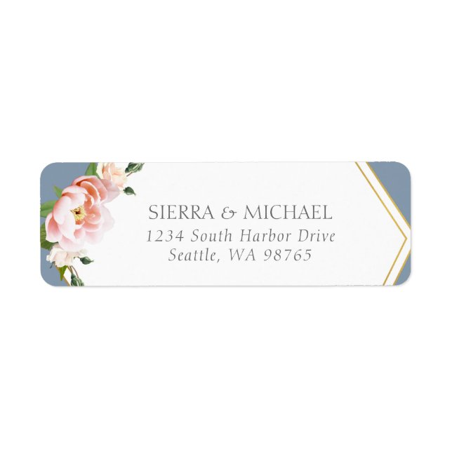 Étiquette Blush Peony Gold Dusty Blue Mariage Adresse de ret (Devant)