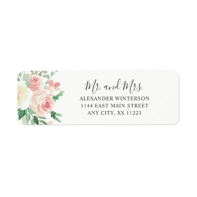 Étiquette Blush Pink Floral MR & MRS adresse de retour (Devant)