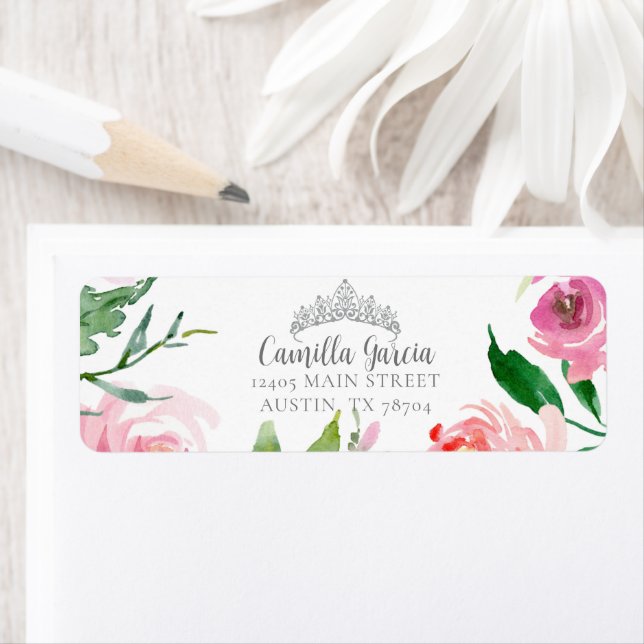Étiquette Blush Pink Floral Quinceañera Tiara Adresse de ret (En situation)