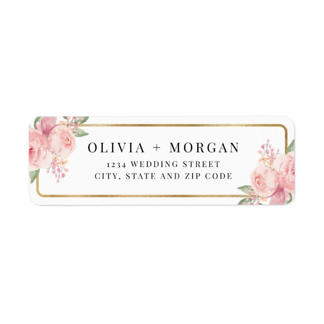 Étiquette Blush Pink Gold Floral Mariage Adresse de retour (Devant)