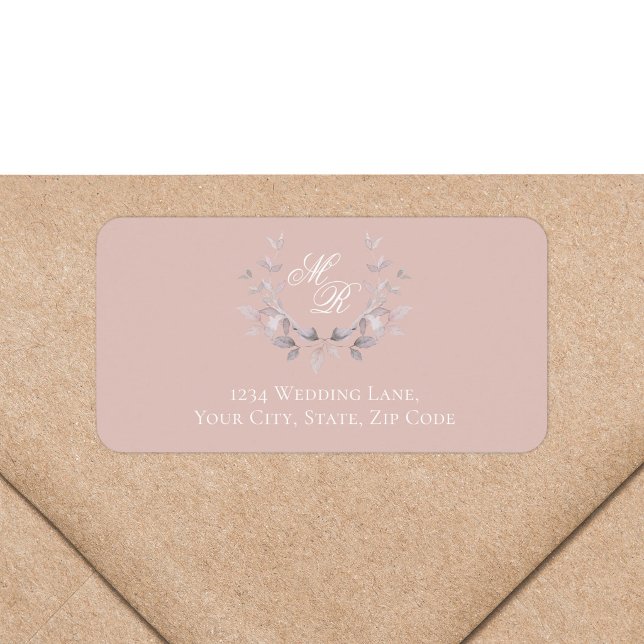 Étiquette Blush Pink Monogram Botanical Return Address (Blush pink monogram return address label with romantic botanical wreath)