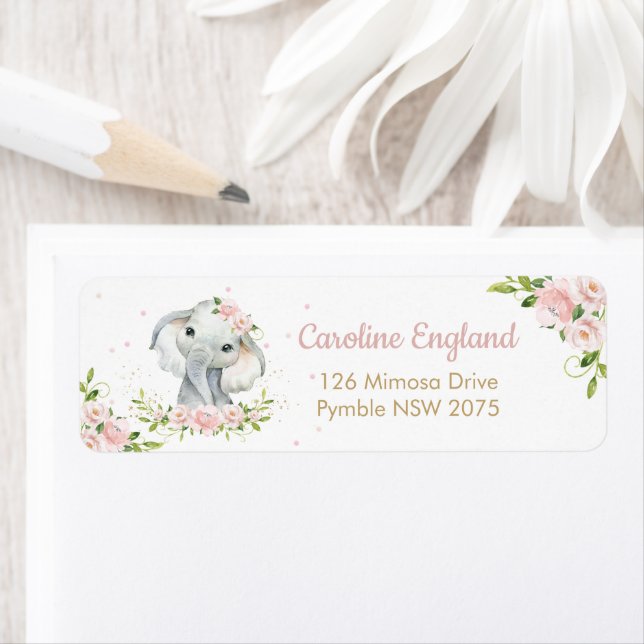 Étiquette Blush rose Floral Adorable Elephant Adresse de ret (En situation)