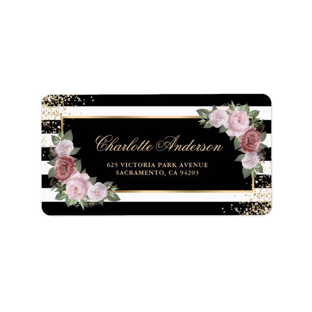 Étiquette Blush Rose Floral Élégant Noir Blanc Or (Devant)