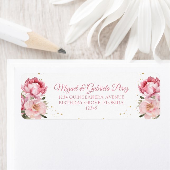 Étiquette Blush rose Floral Gold Parties scintillant Adresse (En situation)