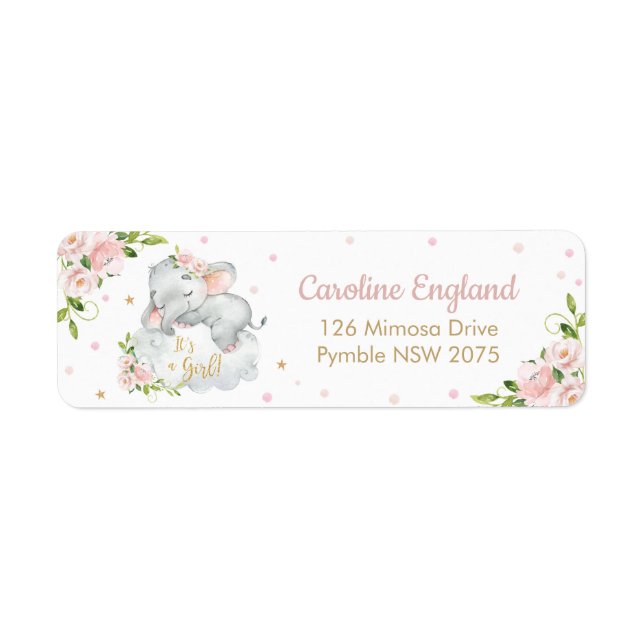 Étiquette Blush rose Floral mignon Elephant Adresse de retou (Devant)