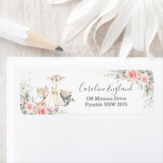 Étiquette Blush Rose Floral Woodland Animaux Retour Adresse (En situation)