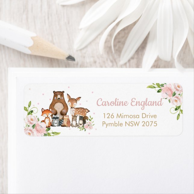 Étiquette Blush Rose Floral Woodland Animaux Retour Adresse (En situation)