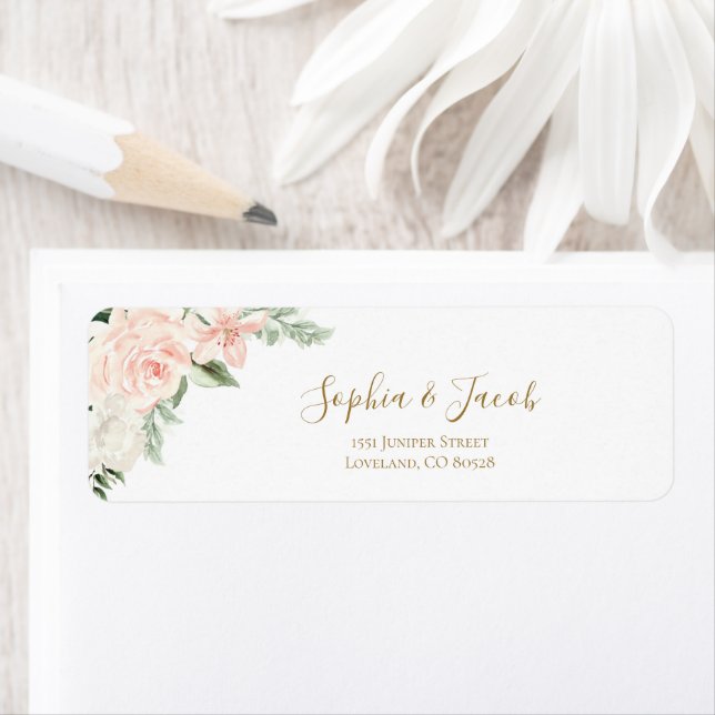 Étiquette Blush Rose & Gold Floral Botanal Adresse de retour (En situation)