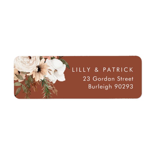 Étiquette Bohemian Floral Terracotta Retour Adresse Mariage (Devant)