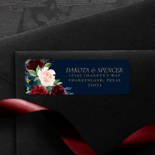Étiquette Boho Blooms   Dark Navy Blue and Burgundy Address