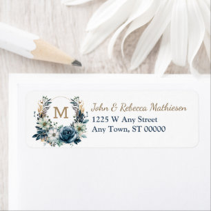Étiquette Boho Blue Floral Wreath Monogramme Adresse de reto