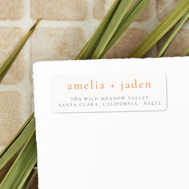 Étiquette Boho Couple Noms Orange & Blanc Adresse de retour (Return Address Label Mock-up)