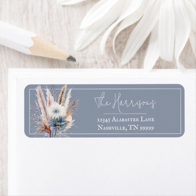 Étiquette Boho d'hiver Mariage Floral | Adresse bleue (En situation)