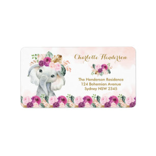 Étiquette Boho Elephant Blush Purple Floral Wild Animal
