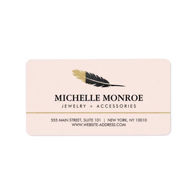 Étiquette Boho Gold tendance concepteur de plume rose (Devant)