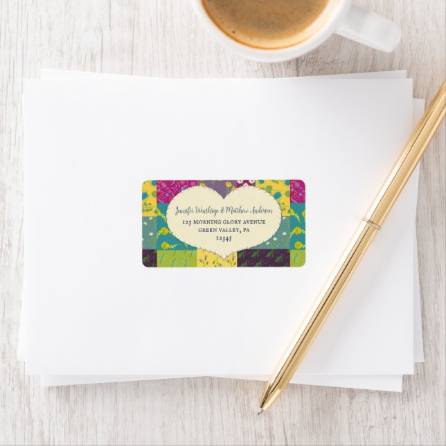 Étiquette Boho Maximalist Patchwork Quilt Heart Adresse (En situation)