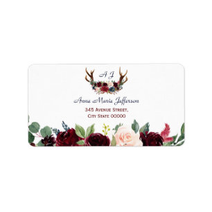 Étiquette Boho Merlot Marine Blue Floral Antlers Mariage
