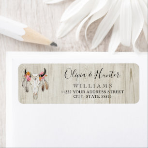 Étiquette Boho Plumes florales Antler Crâne de vache Bois ru