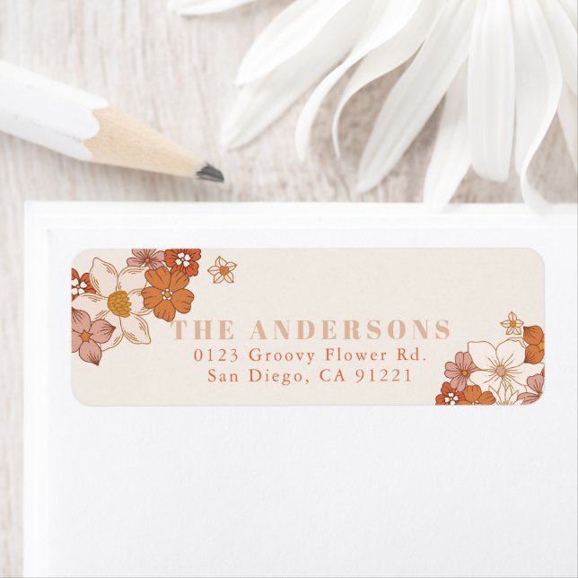 Étiquette Boho Retro Super Orange Floral (En situation)